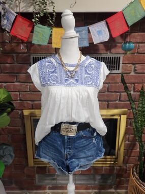 Source Unknown White Blouse with Blue Embroidered Yoke